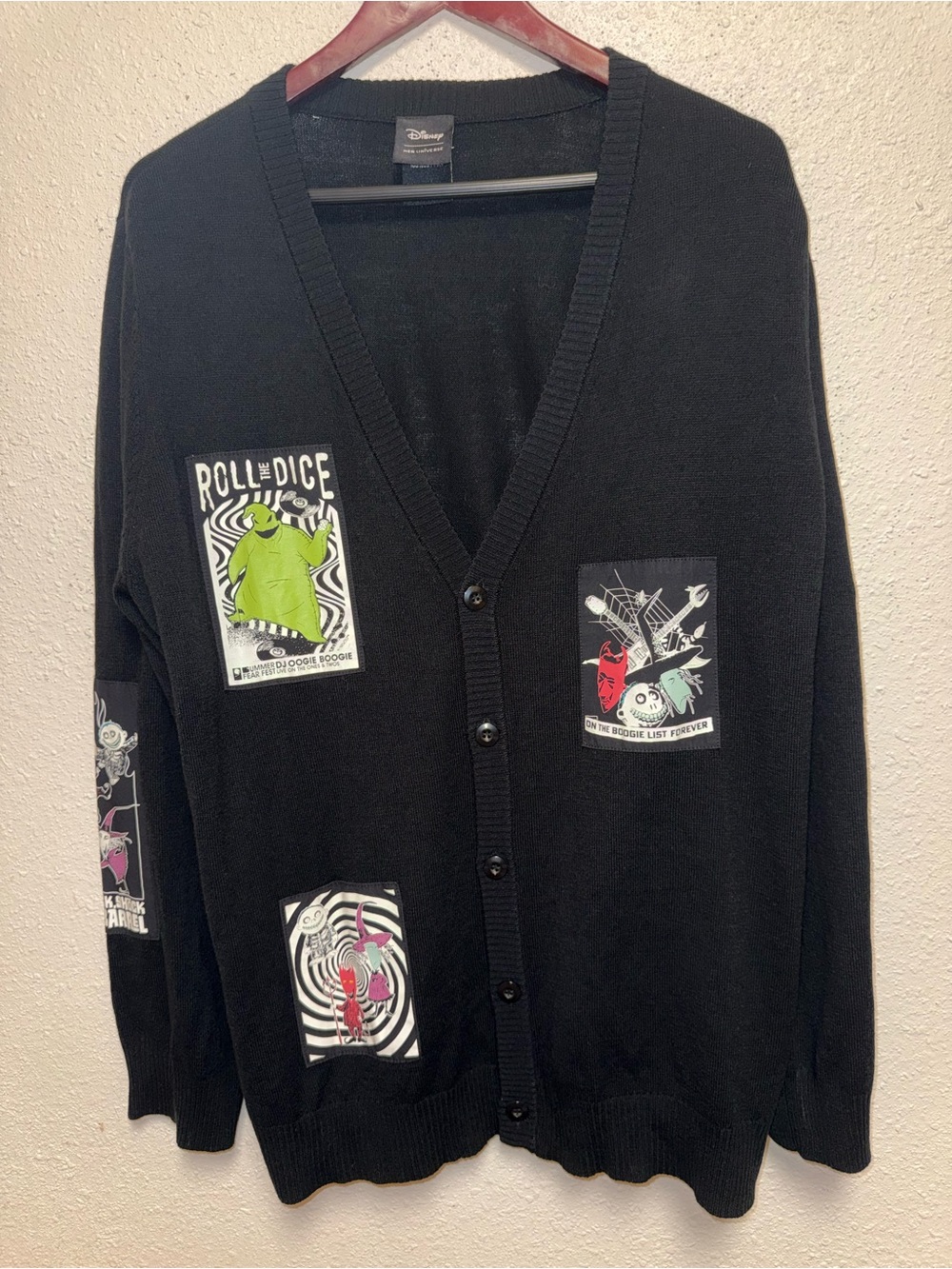 Disney Black Cardigan with Colorful Graphic Patches